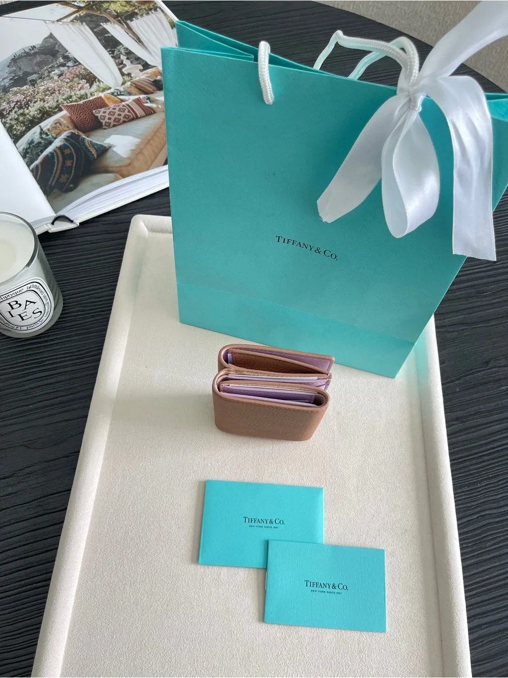Tiffany & Co. Brown Pebbled Leather Tri-Fold Wallet Gold TC Logo NEW $650